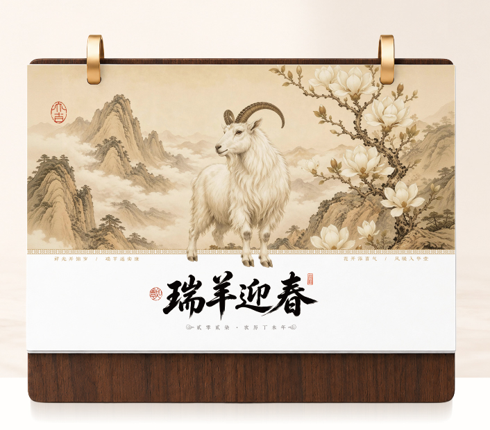 高档简欧胡桃木台历—  瑞羊迎春 JY004